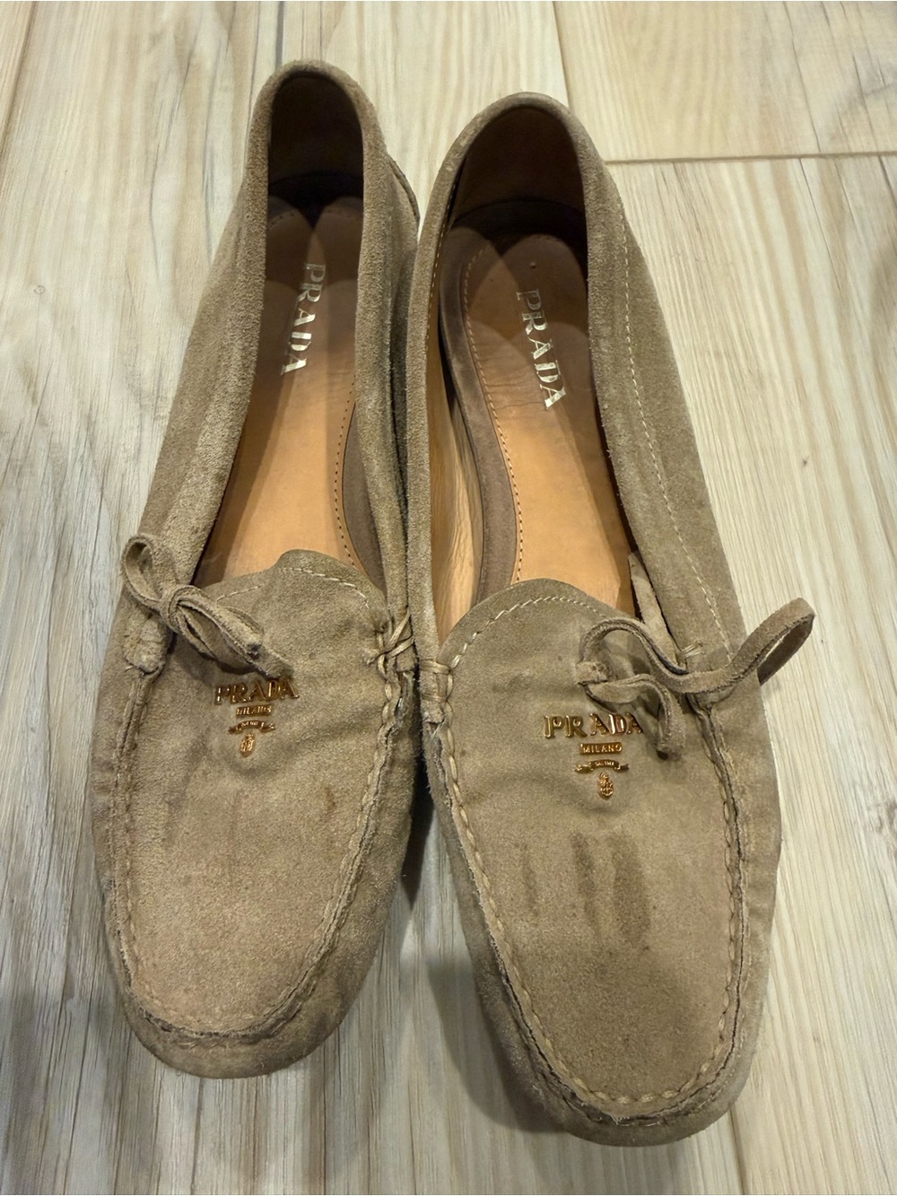 Prada Beige Suede Bow Moccasin Loafers
